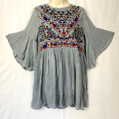 #ad Umgee Top Womens Large Gray Floral Embroidered Bell Sleeve Boho Prairie Babydoll