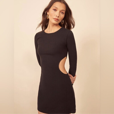 #ad Reformation Black Long Sleeve Rib Knit Waist Side Cutout Mini Dress XS