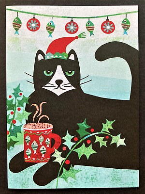 #ad *ONE* Cat Christmas Holiday Card Black White Tuxedo In Santa Hat With Cup Cocoa
