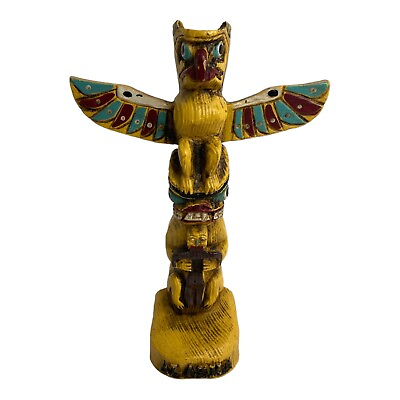 #ad 🍌 Vintage Alaska Totem Pole Figurine Souvenir 6” Tall bright colors WOOD G2