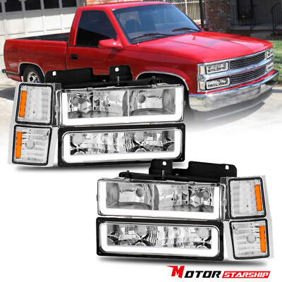 #ad For 94 98 Silverado C10 C K 1500 2500 Chrome Headlights LED Strip Bumper Lamps