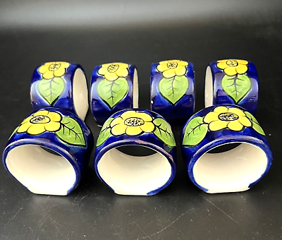 #ad Set of 7 Talavera Pottery Mexico Hand Painted Floral Napkin Rings Blue Yellow