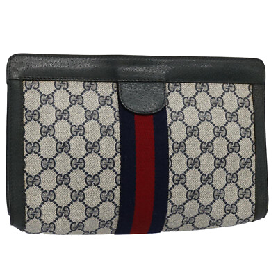 #ad GUCCI GG Supreme Sherry Line Clutch Bag Navy Red 89 01 002 Auth yk9831