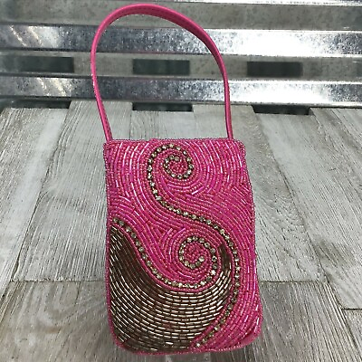 #ad HandMade India Beaded Pink Wristlet Rhinestone Handle Wedding Clutch Small Bag