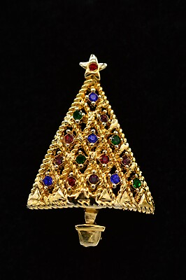 #ad Vintage Holiday Pin Brooch Multi Color Rhinestone Christmas Tree 1980s BinF