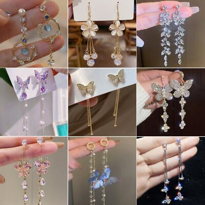 #ad Zircon Crystal Tassel Earrings Stud Butterfly Pearl Dangle Drop Women Jewelry
