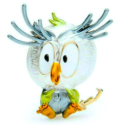 #ad Wise Big Eye HOOT OWL Gold Enamel White Silver CUTE Funky Cartoon Bird Brooch