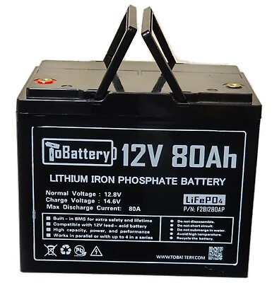 #ad TOBattery 12V 80AH LiFePO4 Deep Cycle Battery replacement 55a#x27;h 60ah 65ah 70ah