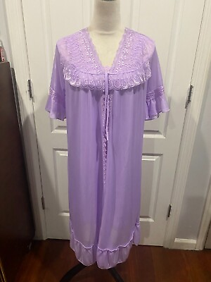 #ad Silky Sleeveless Nightgown w Robe Embroidery Lace Floral Design Purple Size M