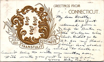 #ad Qui Transtulit Sustinet Greetings From Connecticut Embossed UDB Postcard 589