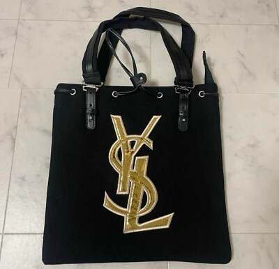 #ad Yves Saint Laurent Black Tote Bag YSL Gold Logo Cosmetic Limited Cotton Unused