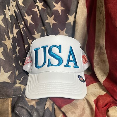#ad Love America USA Blue On White Colored Trucker Hat