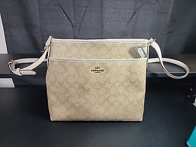 #ad Coach crossbody purse leather with hang charm long strap bag white beige colored