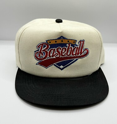 #ad Vintage 90s BASEBALL SnapBack Hat Cap “Baseball” Written Text Cream W Black Bill