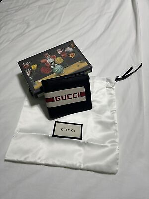 #ad Gucci Unisex Black Leather Wallet with White Red Web Script Logo 408827