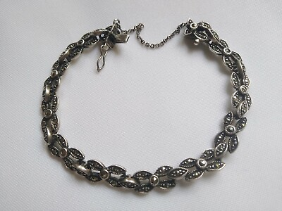 #ad Vintage Solid Sterling Silver Marcasite Leaf Floral Link Chain Bracelet Lovely