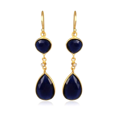 #ad Gold Plated Two Stone Long Dangle Earring Corundum Blue amp; White Topaz Jewelry