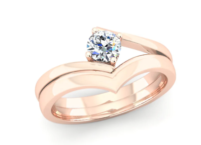 #ad Elegant Solitaire Round Cut White Moissanite V Design 10K Rose Gold Ring Set