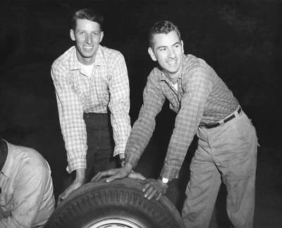 #ad Drivers Glen Wood Billy Myers check out tires race 1950s Old Photo