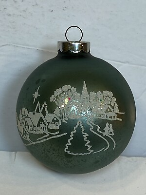 #ad Blown Glass Christmas Ornament Large Vintage Green Old Ball 3quot; Town Scene Church