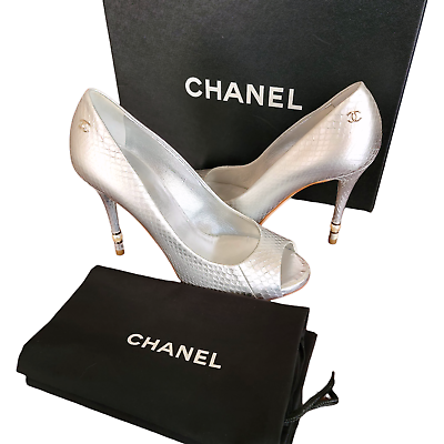 #ad Chanel CC Logo Snakeskin Pearl Metallic Silver Peeptoe High Heels Bridal 6.5 37