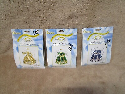 #ad Lot of 3 VINTAGE Darice Angel Ornament Kit Gold Blue Green 2003 Beaded Pearls