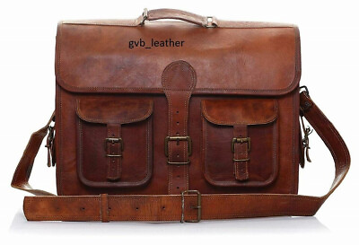 #ad Laptop Brown Briefcase Bag Goat Leather best Messenger Real Satchel Genuine
