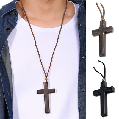 #ad Black Wood Cross Crucifix Leather Cord Pendant Men Women Necklace Sweater