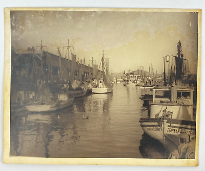 #ad 1939 Real Photo View of Shrimp Boats Docks Ducks on Water Galveston Texas 8x10