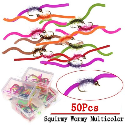 #ad 50Pcs Brass Bead Head Squirmy Wormy Fly Trout Fishing Lures Nymph Worm Baits