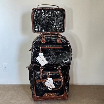Samantha Brown Classic Luggage 20” Carry On amp; 14” Handle Bag Black Croco NEW