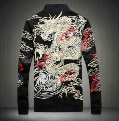 #ad Mens Chinese Totem Dragon Printed Stand Collar Casual Coat Hoodie Outwear Jacket