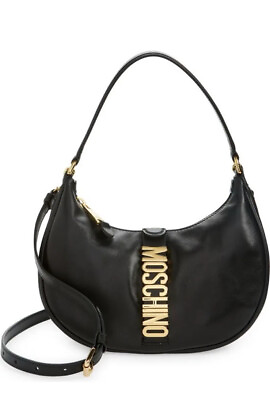 #ad Moschino Black Leather With gold monogram hobo bag $1100