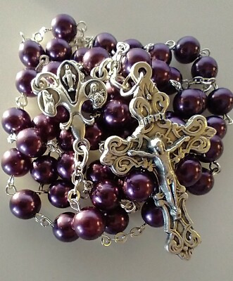 #ad Catholic Fleur De Lis Purple Glass Rosary 22quot;