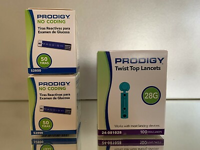 #ad Prodigy NO CODING Diabetic Blood Glucose 100Strips 100 lancets EXP 06 2025