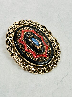 #ad VTG Sarah Coventry Brooch Medallion Blue Red Old Vienna 1975 Gold Tone 2quot; Estate