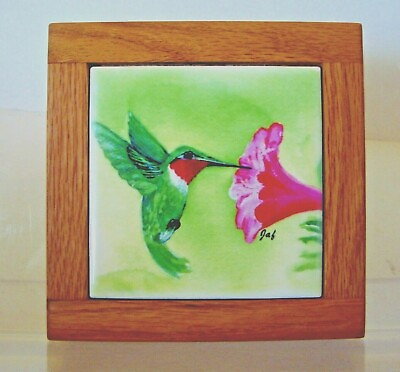 #ad Ceramic Hummingbird in Oak wood frame Pink flower G36