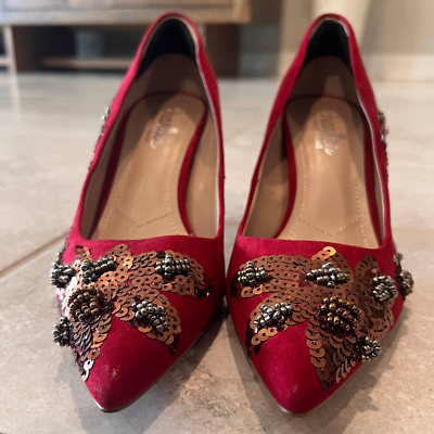 #ad Charles David Red with Gold Sequin Detailing Pumps 7.5