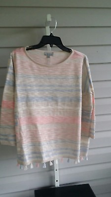 #ad Joseph A Striped Top Sweater Fringe Bottom Blue Boxy Crop 3 4 Sleeves M NWT$68