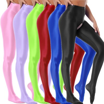 #ad Womens Wetlook Oil Shiny Stockings Open Crotch Glossy Footed Tights Pantyhose