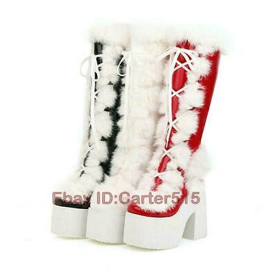 #ad New Womens Stylish Knee High Boots Rabbit Fur Lace Up Platform Chunky Heel Shoes