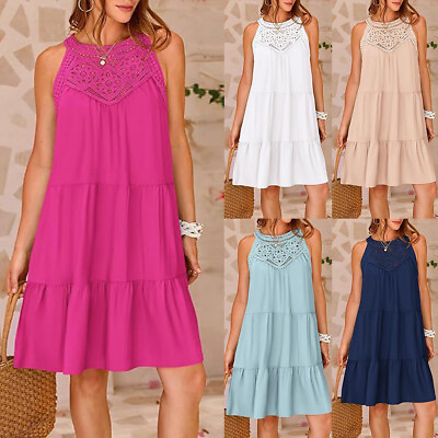 #ad Women Sexy Halter Lace Floral Sleeveless Mini Dress Ladies Beach Party Sundress