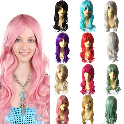 #ad 70cm Long Curly Wigs Cosplay Costume Anime Hair Halloween Full Wavy Party Wig