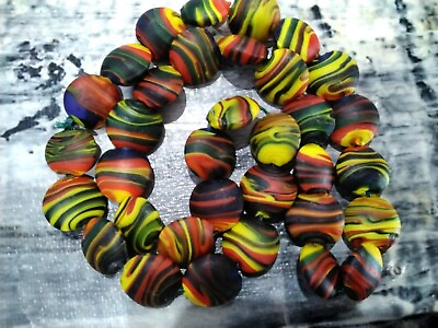 #ad Handmade Frosted Lampwork Stripe Beads Flat Round 15 16x7.5 8mm Black 34 pce