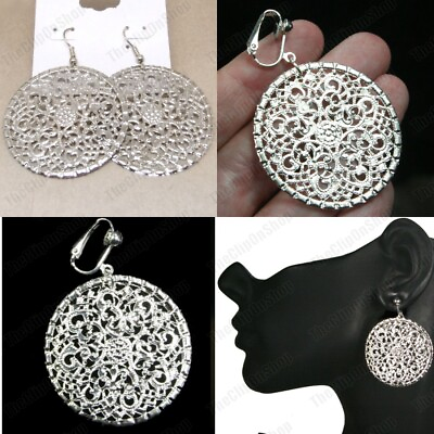 #ad CLIPS hooks 4cm ROUND DISC circle DROP EARRINGS metal SILVER TONE antique style