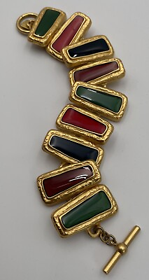 #ad VTG Signed Anne Klein Red Green Gold Tone Enamel Toggle Bracelet Byzantine Style
