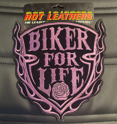 #ad BIKER FOR LIFE WITH ROSE PINK GLITTER LARGE BIKER PATCH IRON ON 8 INCH