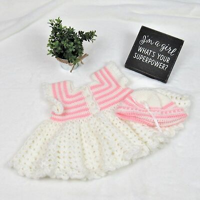 #ad Baby Dress Vintage Crochet Handmade amp; Matching Bonnet Pink amp; White Baby Girl