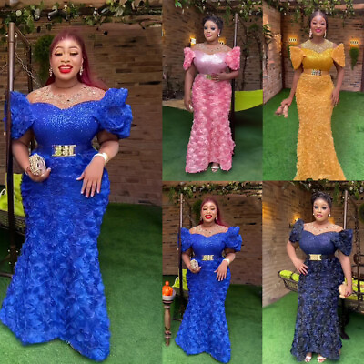 #ad African Women Flower Sequin Abaya Evening Party Long Maxi Dresses Prom Ball Gown