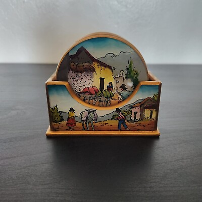 #ad Hand Painted South American Folk Art Wooden Coasters 6 Peru Scenes Vintage